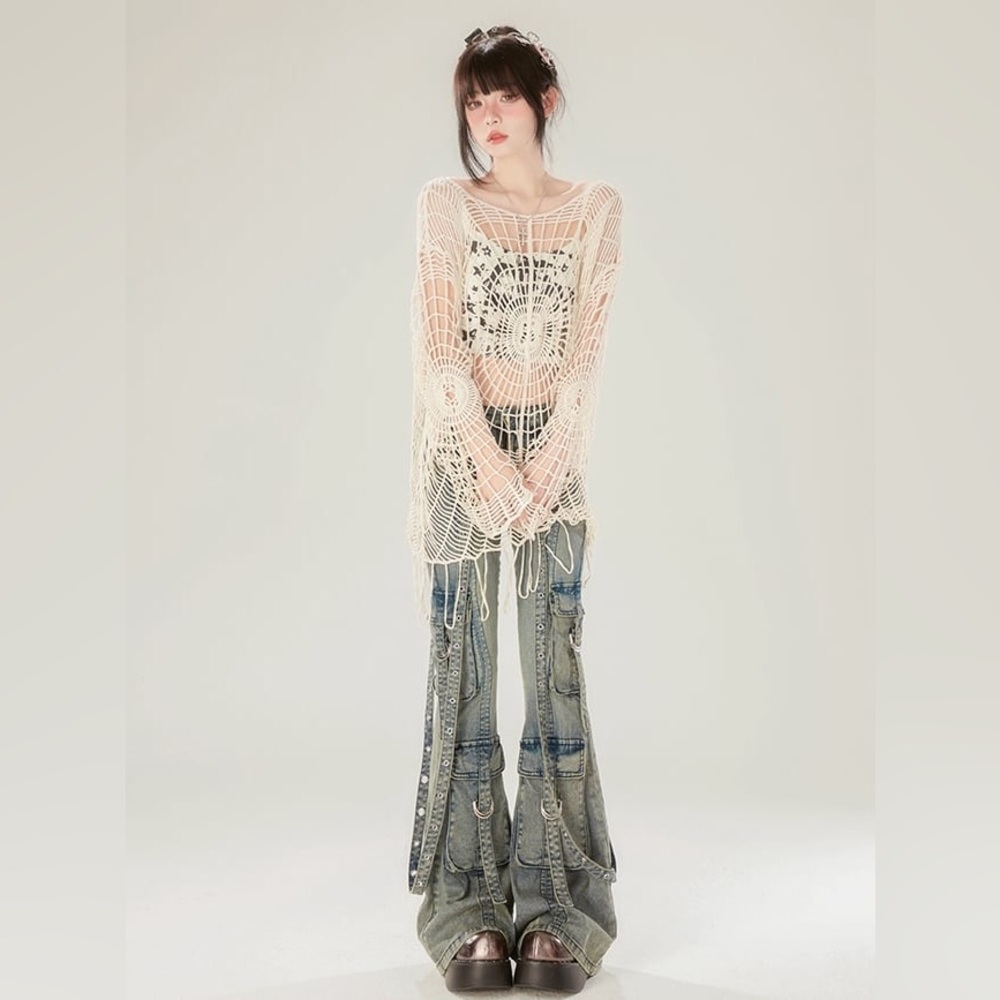 Spider Web Design Apricot Hollow Out Crochet Knit Top - Picture 2 of 7